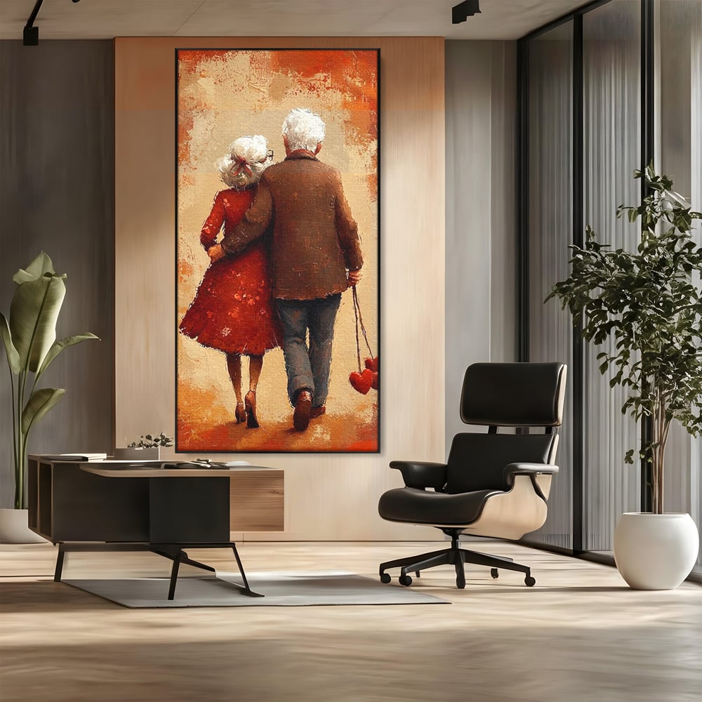 Tablou canvas cu pictura cu un cuplu in varsta imbratisat, in rama de aluminiu negru, pe perete intr-un birou
